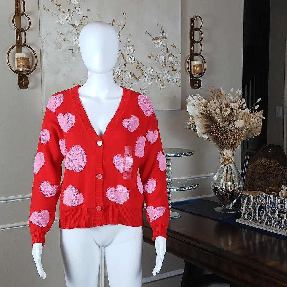 New Red And Pink V-Neck Embellished Cardigan With Heart Shape Buttons. XXS - Picture 4 of 17